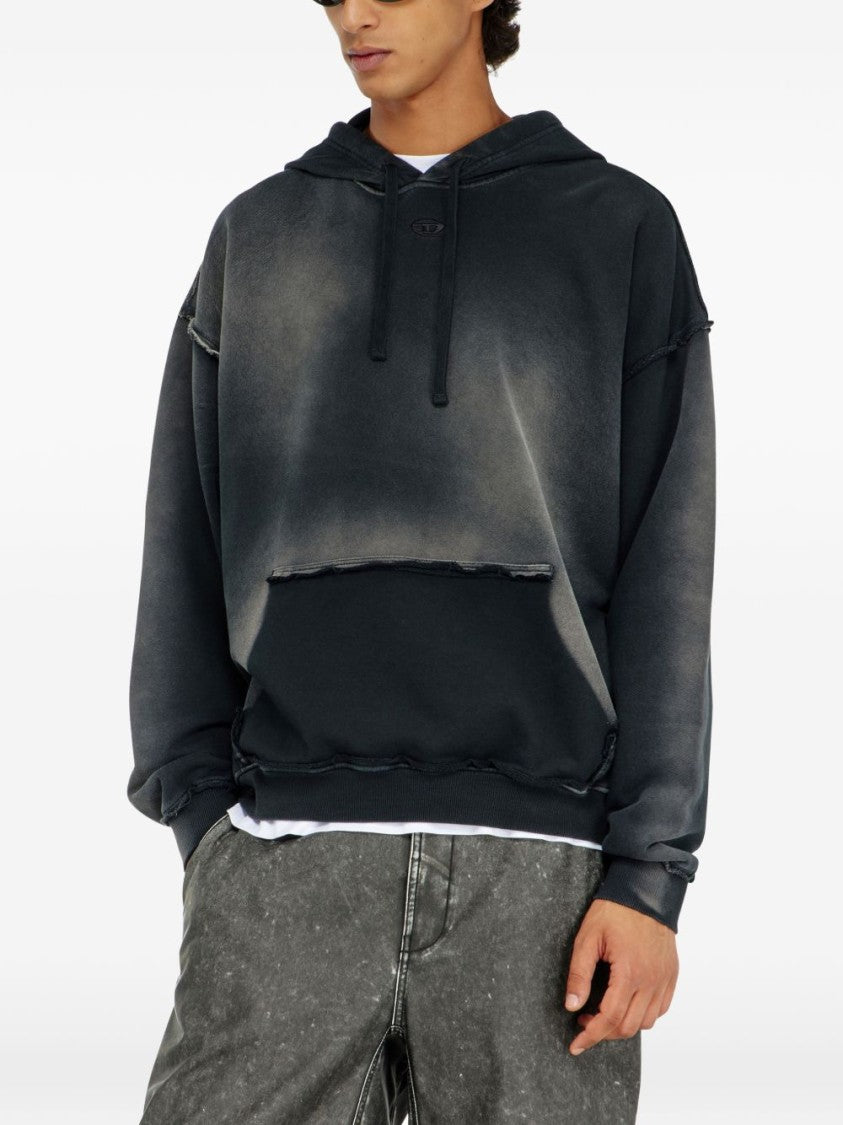 Diesel Frayed Black Cotton Embroidered Hoodie