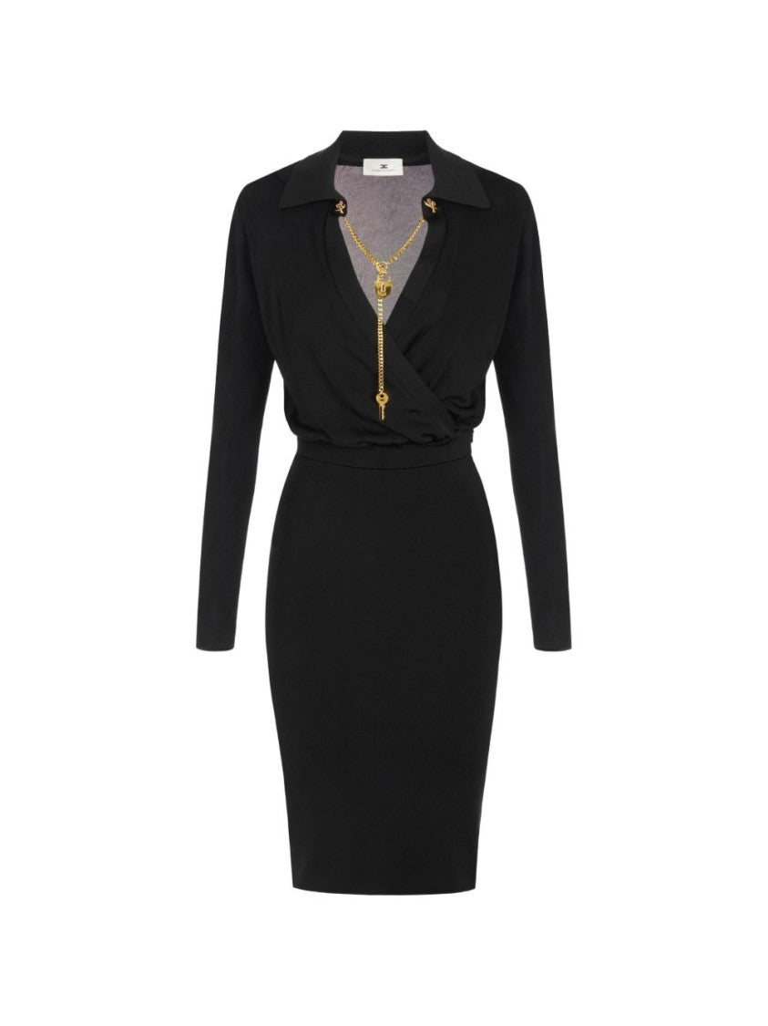 Elisabetta Franchi Black Fitted Wrap Midi Chain Dress