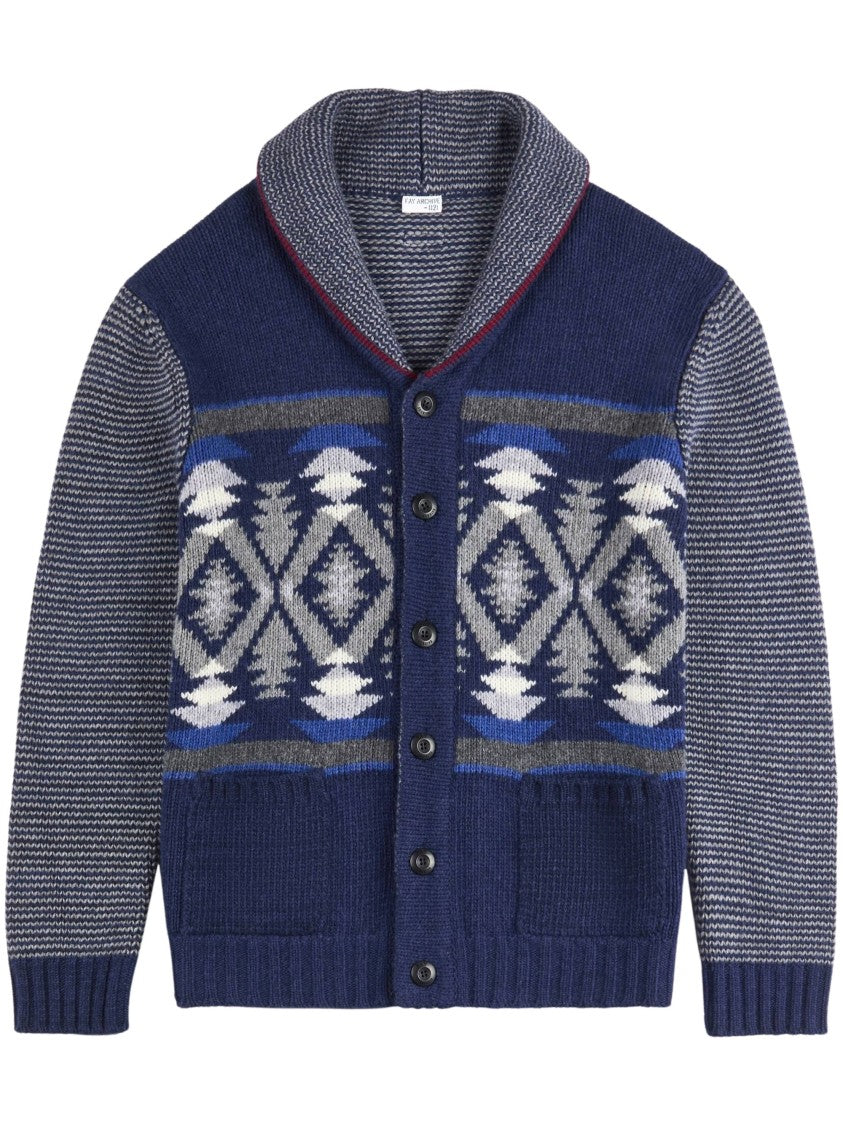 Fay Jacquard Knit Cardigan With Geometric Motifs And Shawl Collar