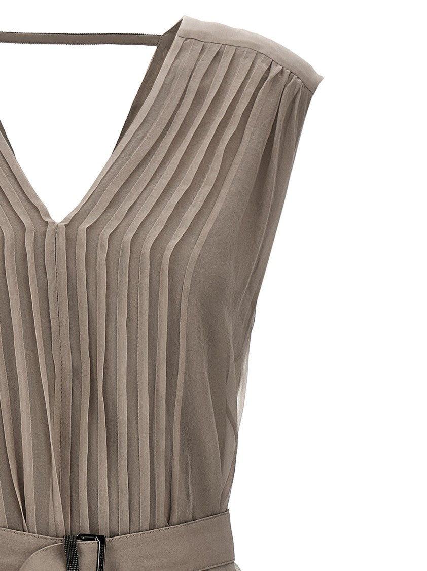 Brunello Cucinelli Pleated Silk Midi Dress With Monile Detail