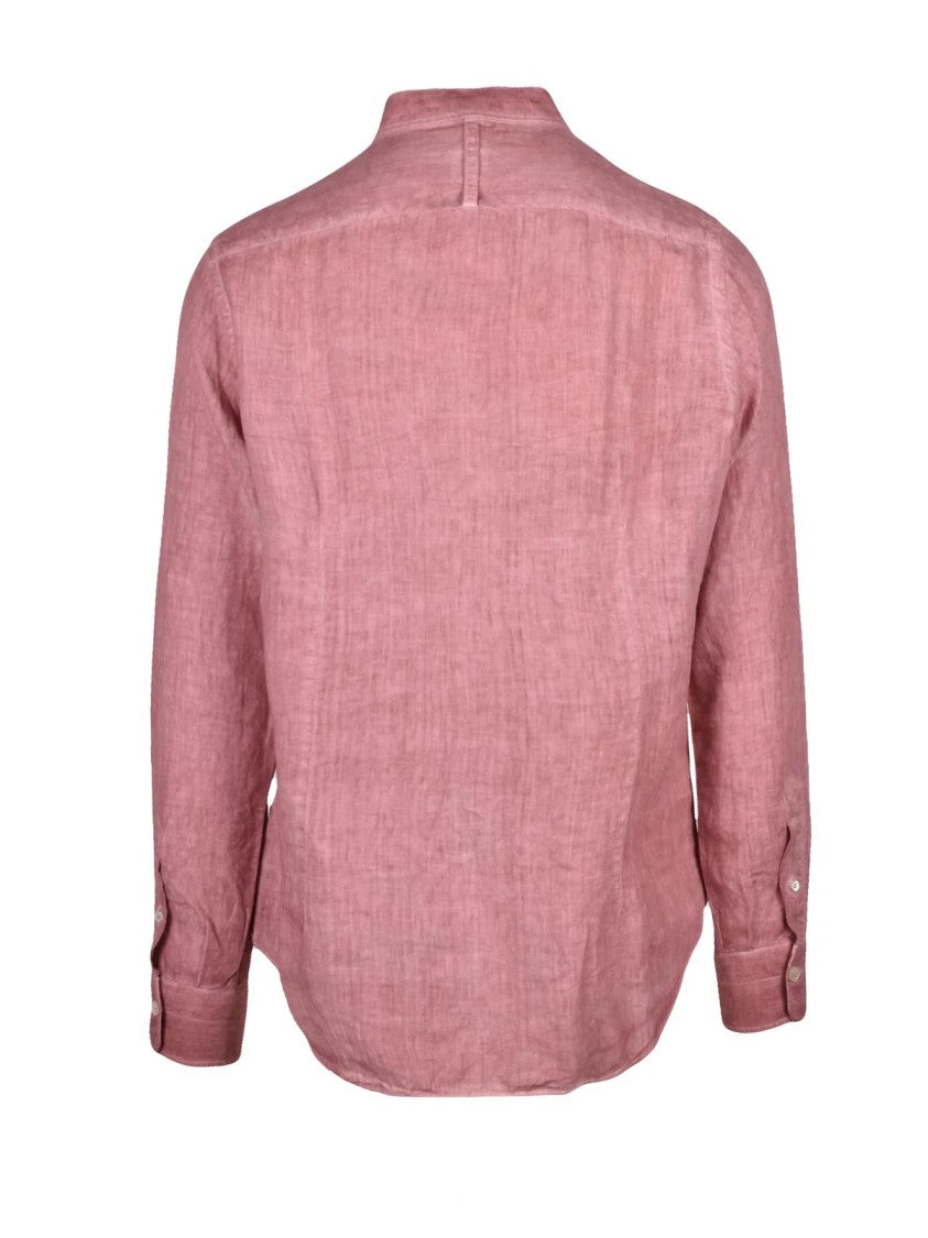 Eleventy Brown Mandarin Collar Linen Shirt