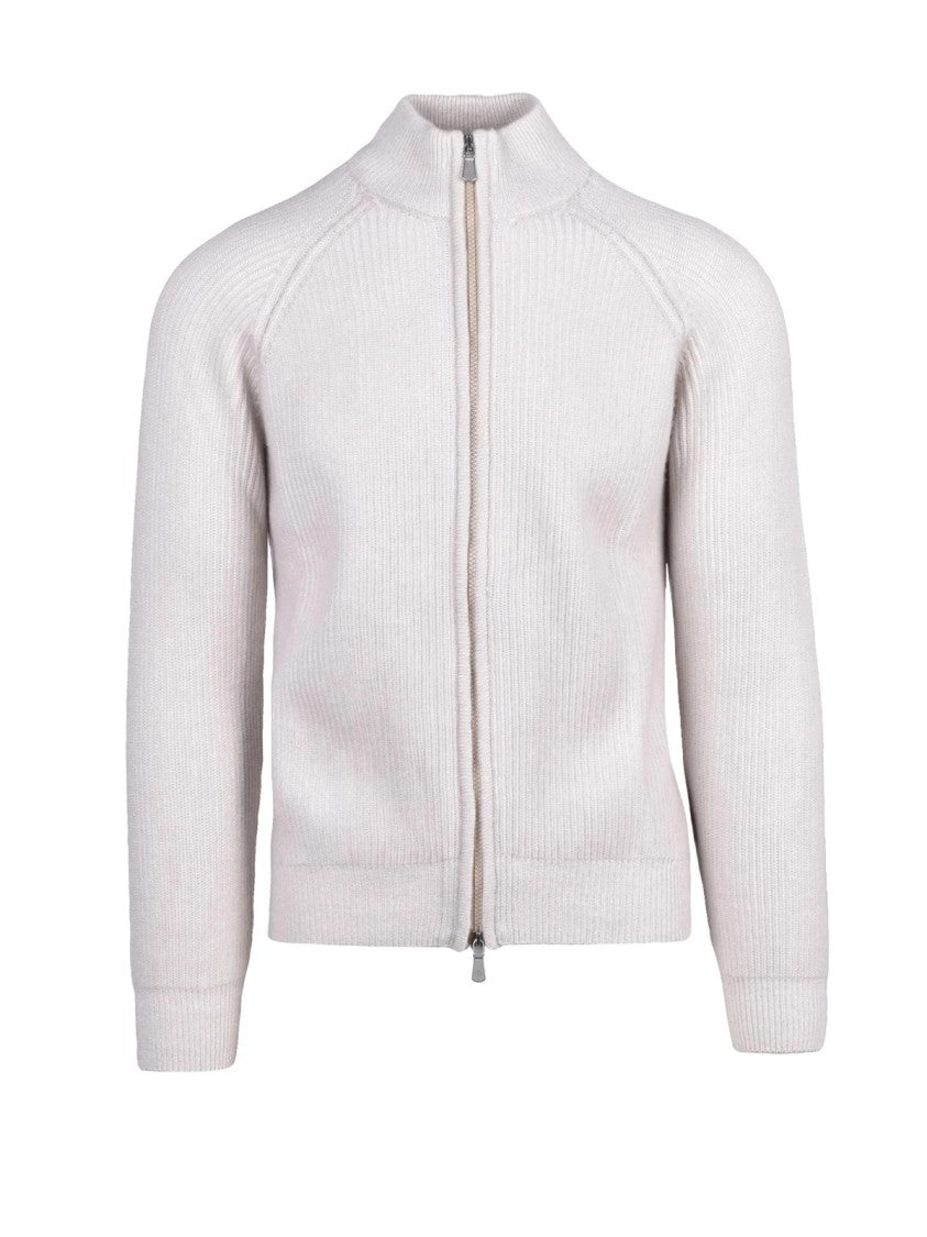 Eleventy White High Collar Cashmere Zip-Through Knit