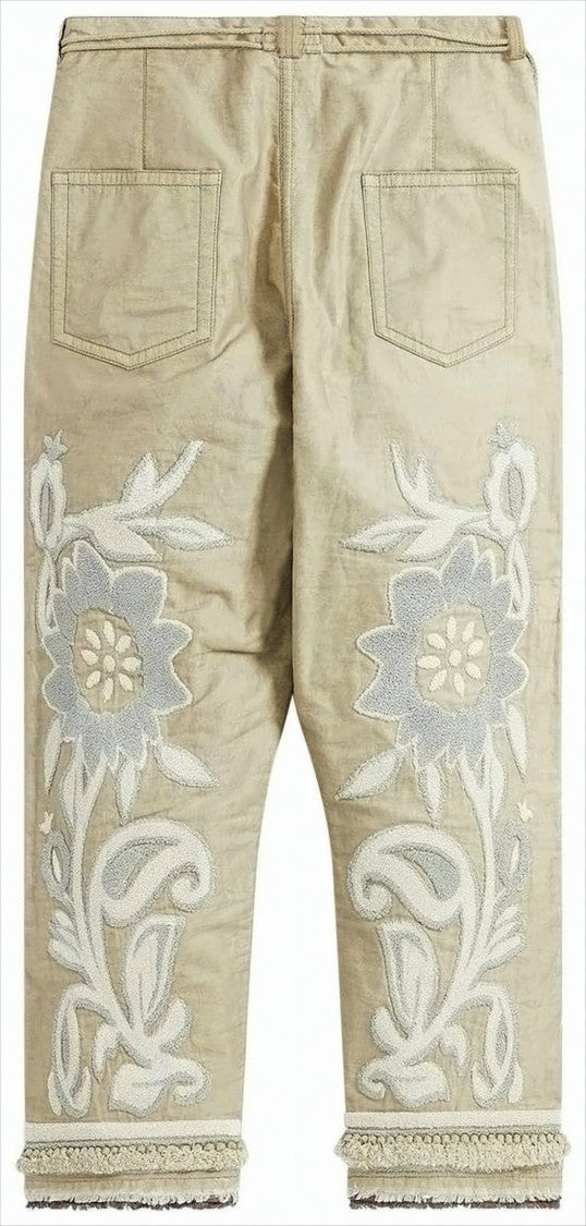 Craig Green Beige Cotton Straight Pants With Floral Embroidery