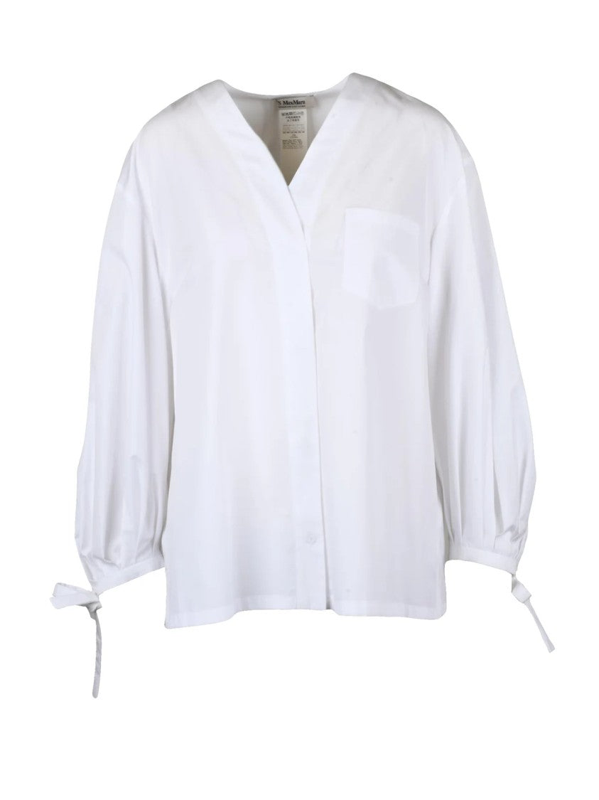 Max Mara Puff Sleeve Cotton Shirt With V-Neckline And Delicate Ties