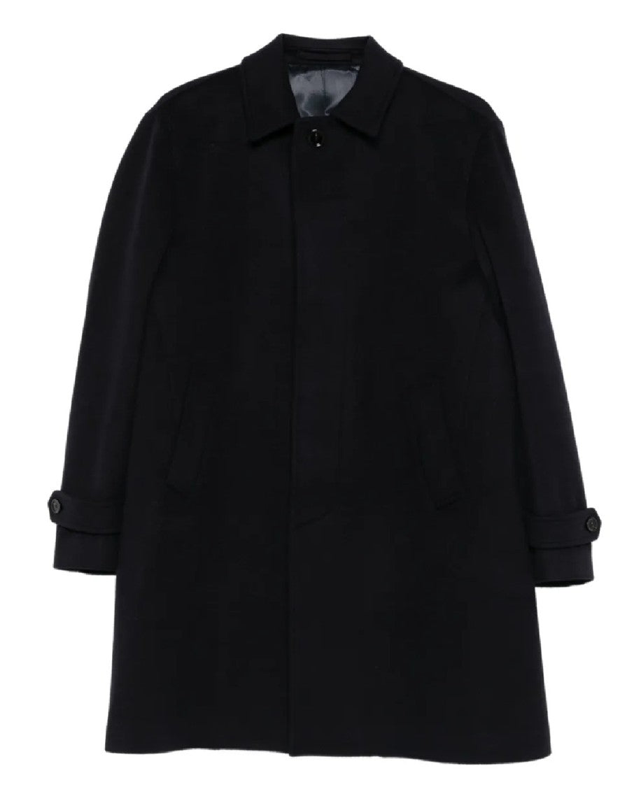 Lardini Matte Black Wool Single-Breasted Trench Coat