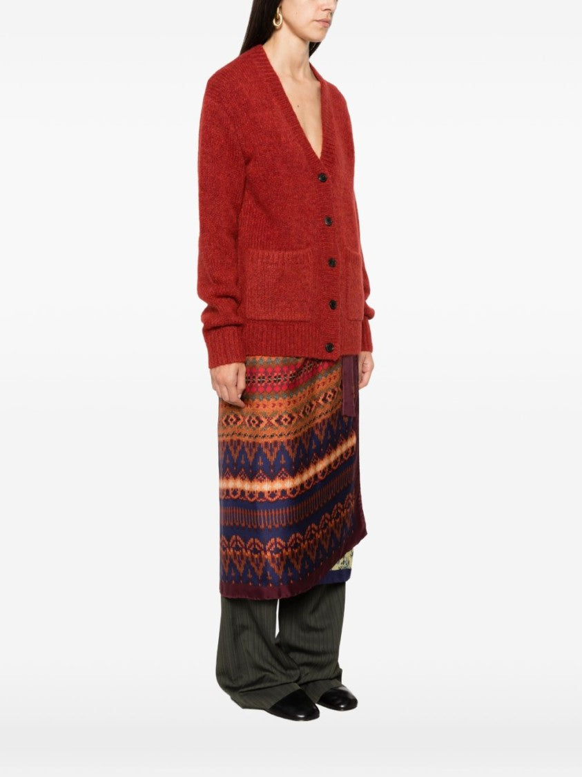 Dries Van Noten Red Loose Fit Deep V-Neck Knit Cardigan