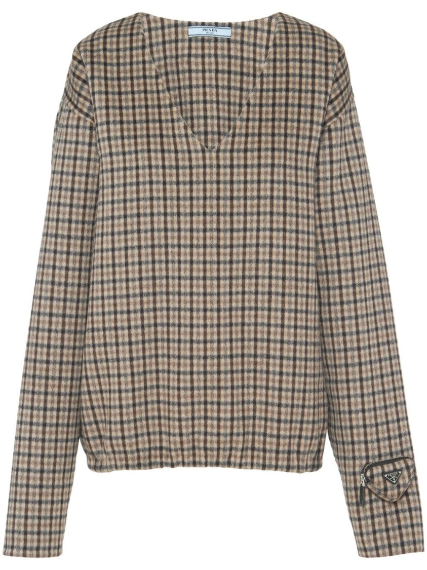 Prada Check Pattern V-Neck Angora-Virgin Wool Blend Top