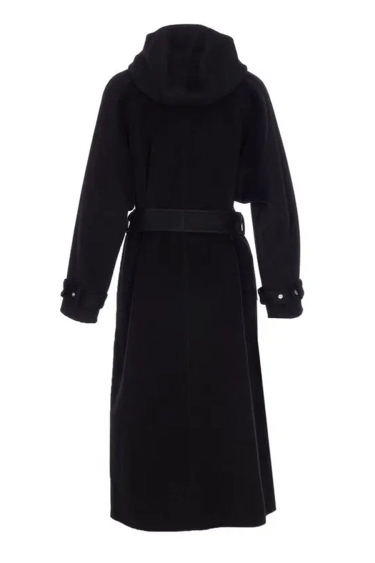 Pinko Black Hooded Raglan Knotted Belt Wool-Blend Coat