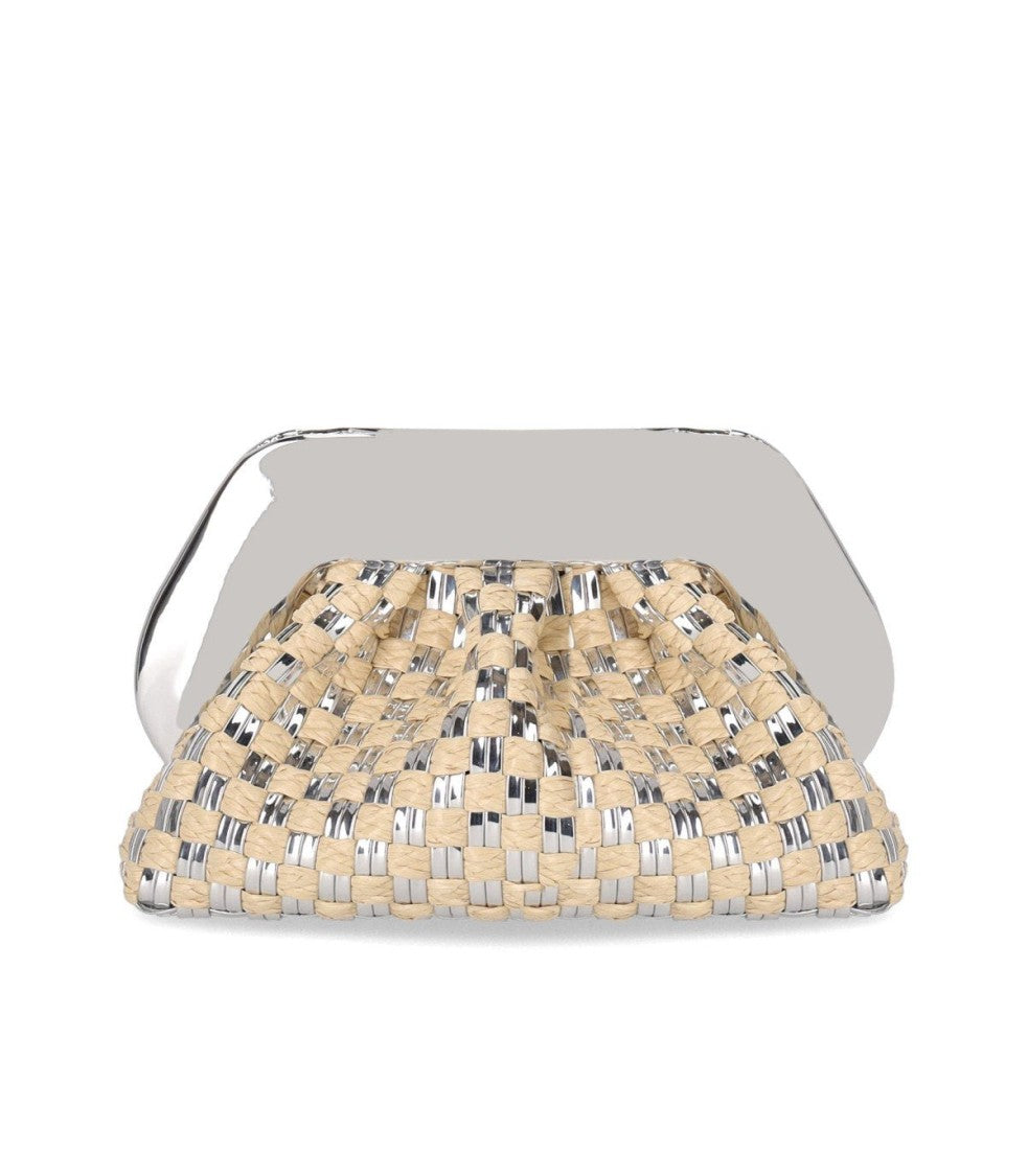 Themoirè Tia Micro Weaved Straw Laminated Silver Clutch Bag