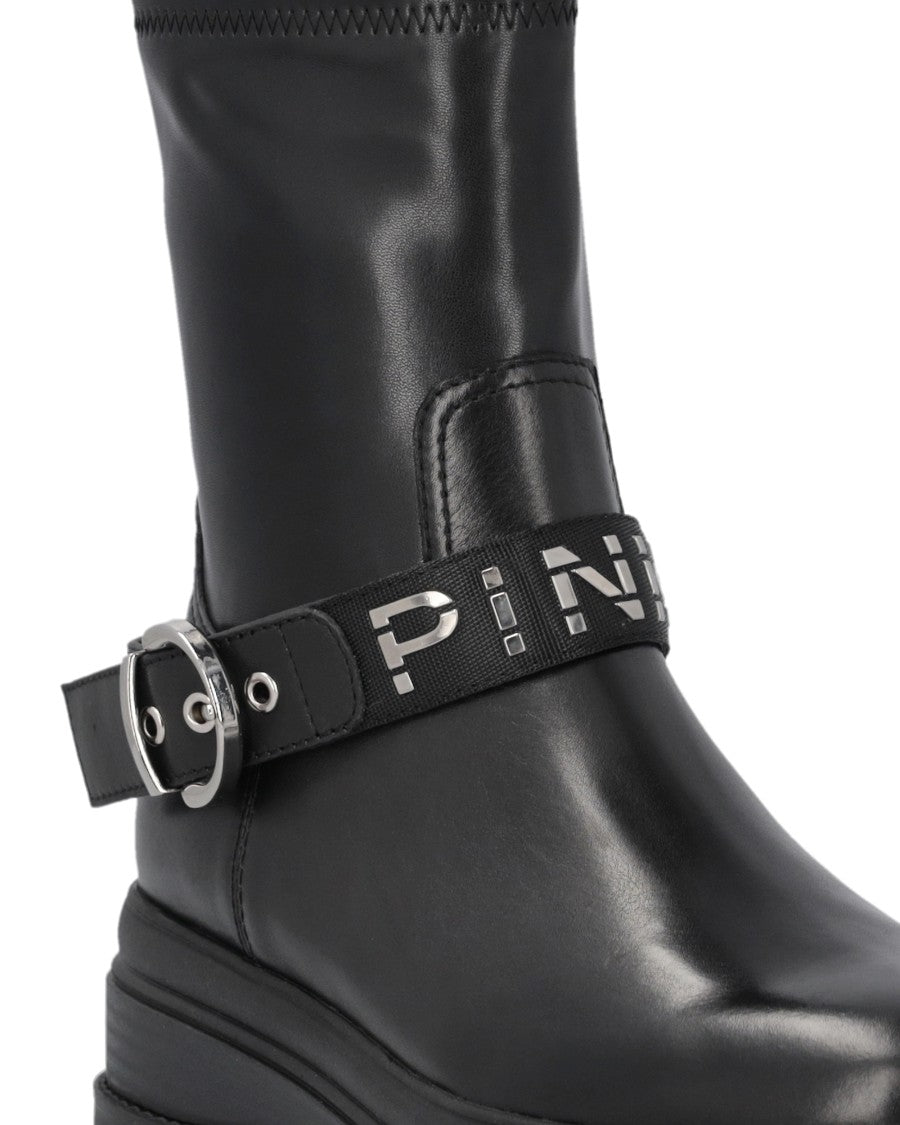 Pinko Black Leather Eva 01 Buckle Boots