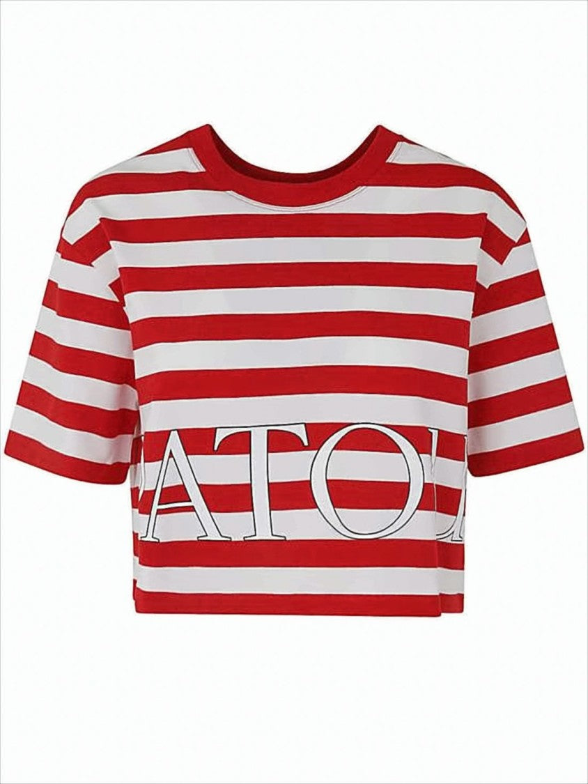 Patou Cropped Short-Sleeve Striped T-Shirt With Logo Print