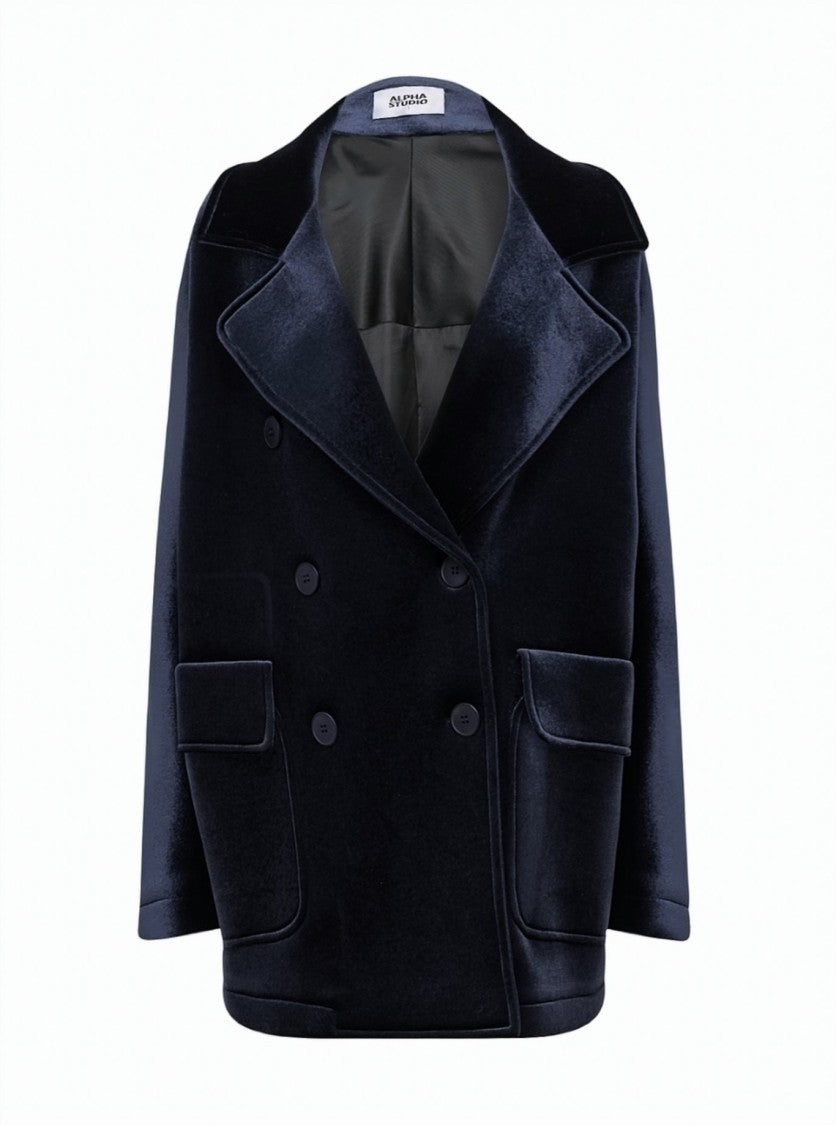 Alpha Studio Double-Breasted Velvet Peacoat