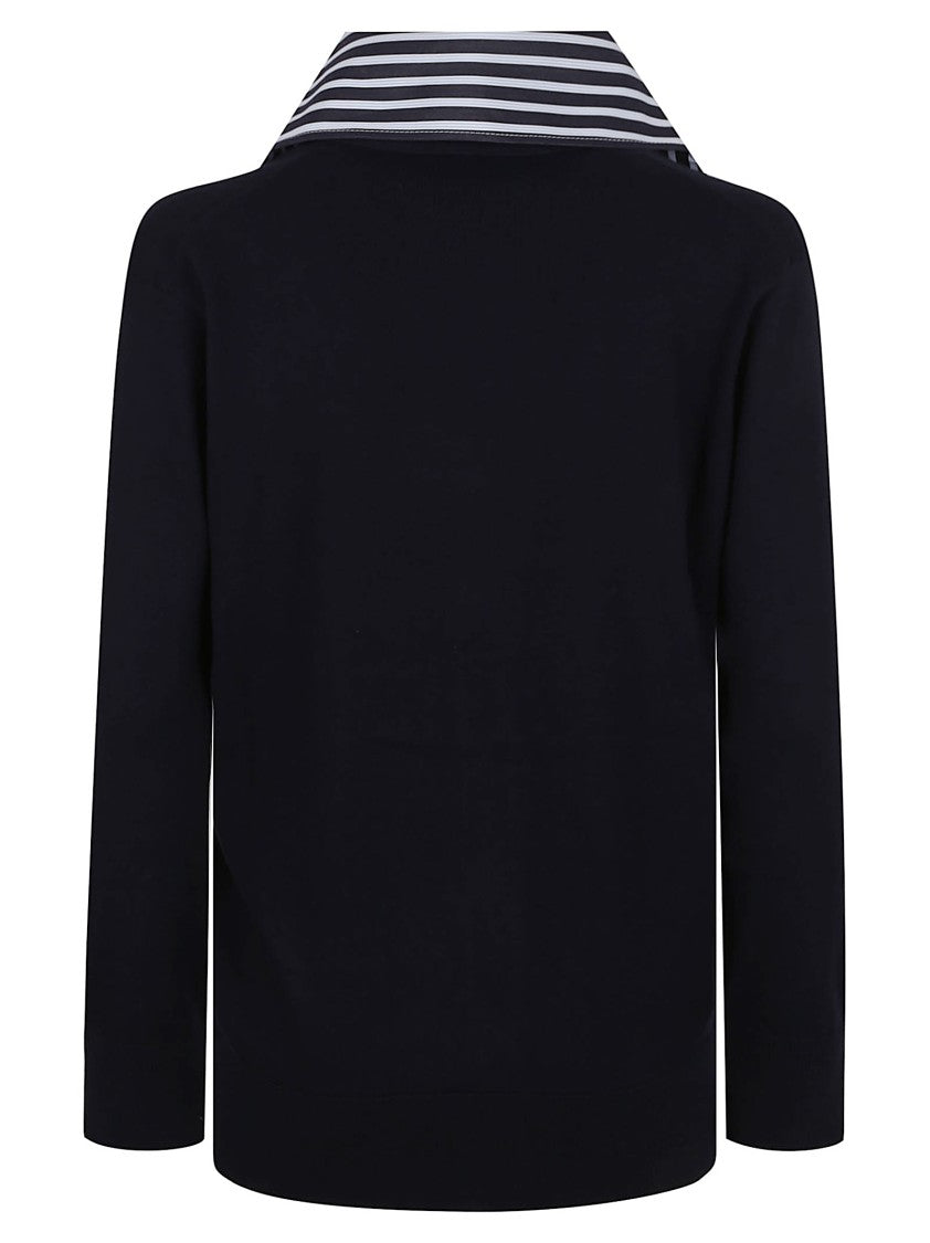 Patou Deep V-Neck Cardigan With Contrasting Striped Collar