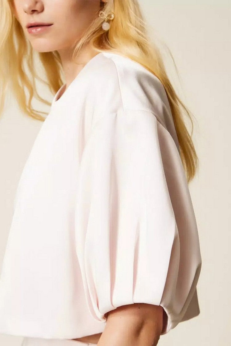 Twin-Set Sand Polyester-Viscose Cropped Balloon-Sleeve Jacket