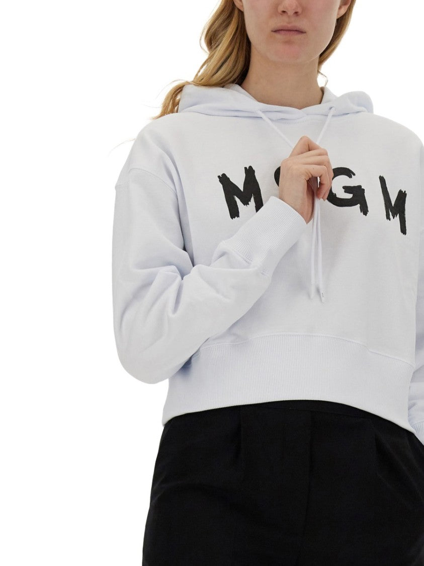 Msgm Cropped White Sweatshirt With Contrasting Logo