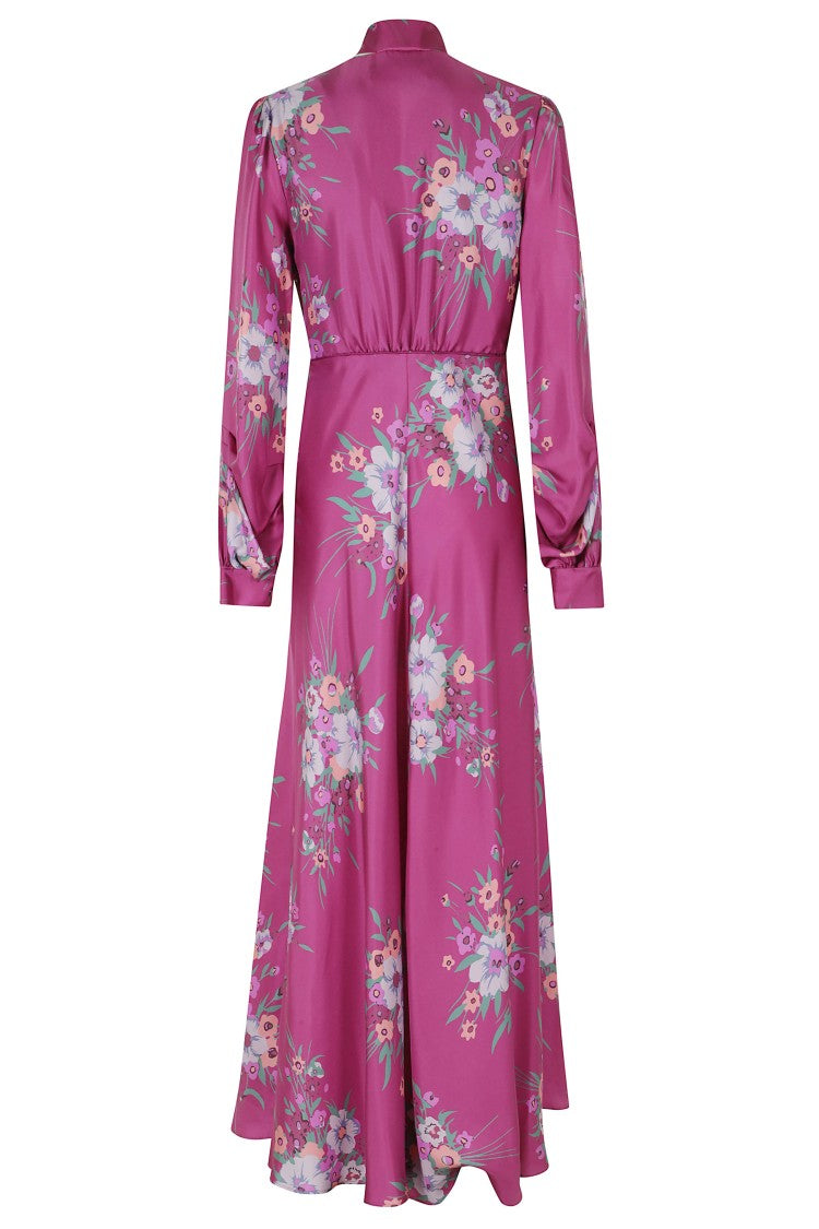 Raquel Diniz Fuchsia Flower New Valerie V-Neck Belted Silk Dress