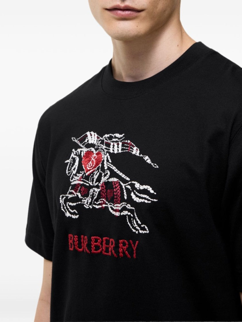 Burberry Black Cotton T-Shirt With Rib-Knit Neckline And Heart Knight Design