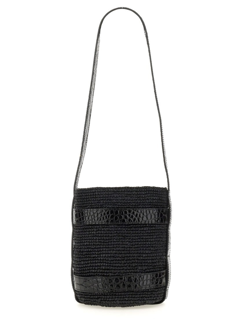 Manebi Textured Raffia Bucket Bag With Glossy Accents