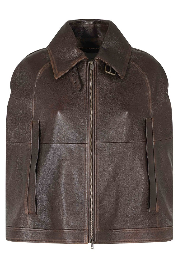 7 For All Mankind Brown Leather Zip Bomber Jacket
