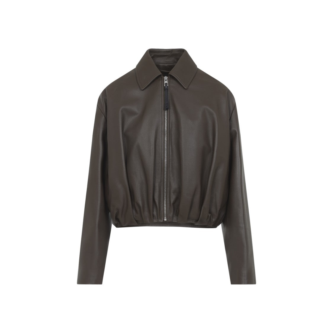Loewe Cropped Calfskin Leather Jacket With Gathered Hem