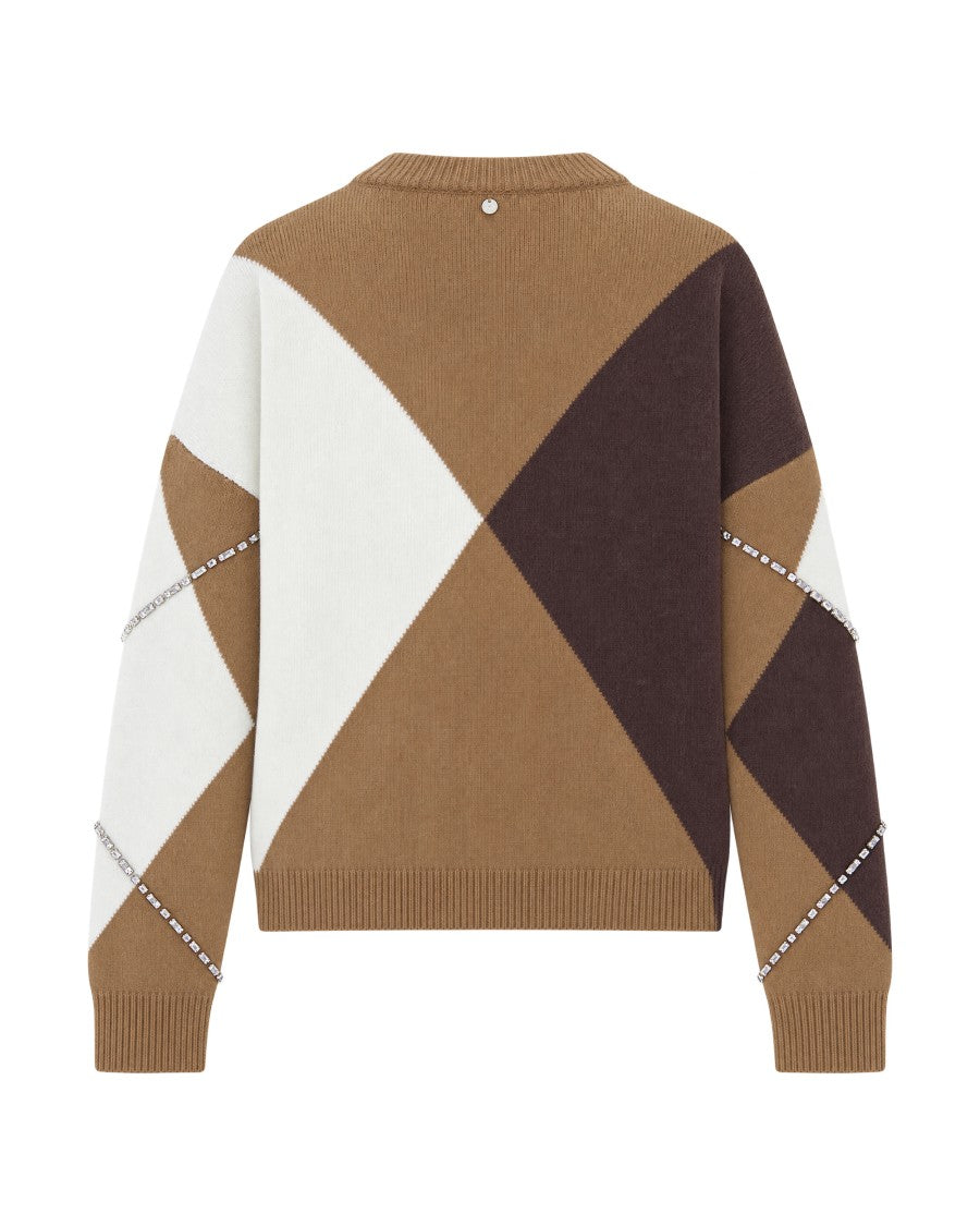Liu Jo Camel Argyle Rhinestone Knit Sweater