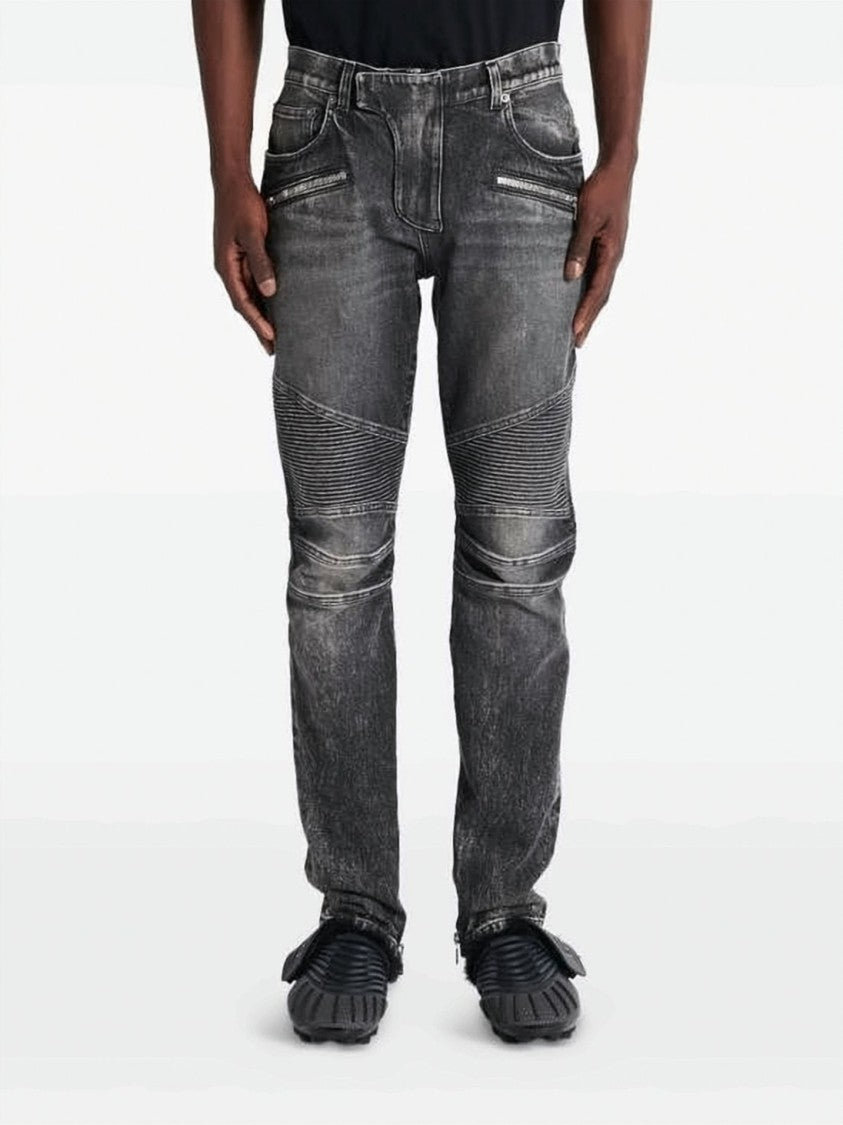 Balmain Slim-Fit Biker Jeans With Ribbed Detailing And Zippered Pockets