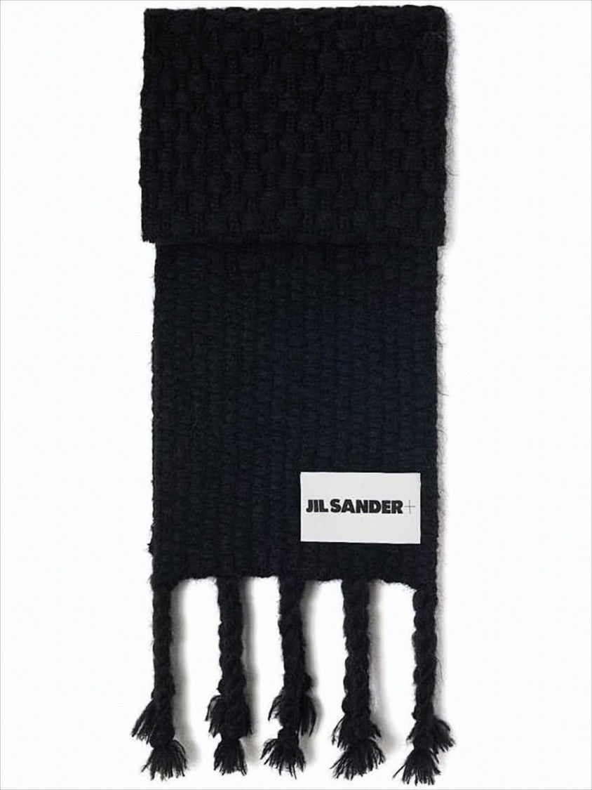 Jil Sander Textured Knit Black Scarf With Twisted Fringes