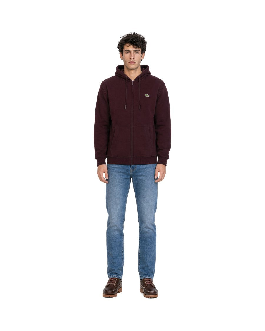 Lacoste Burgundy Zip-Up Hooded Cotton-Blend Sweatshirt