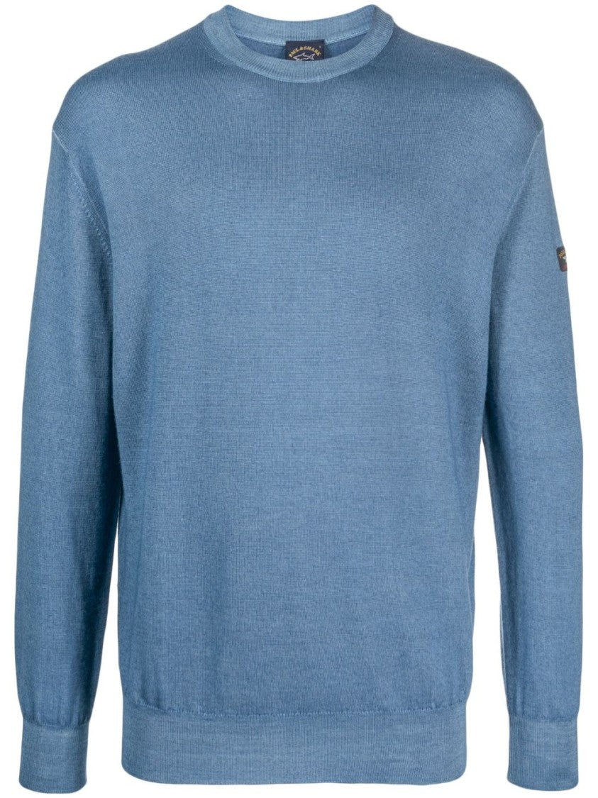 Paul & Shark Muted Blue Crew Neck Wool Sweater With Ribbed Cuffs