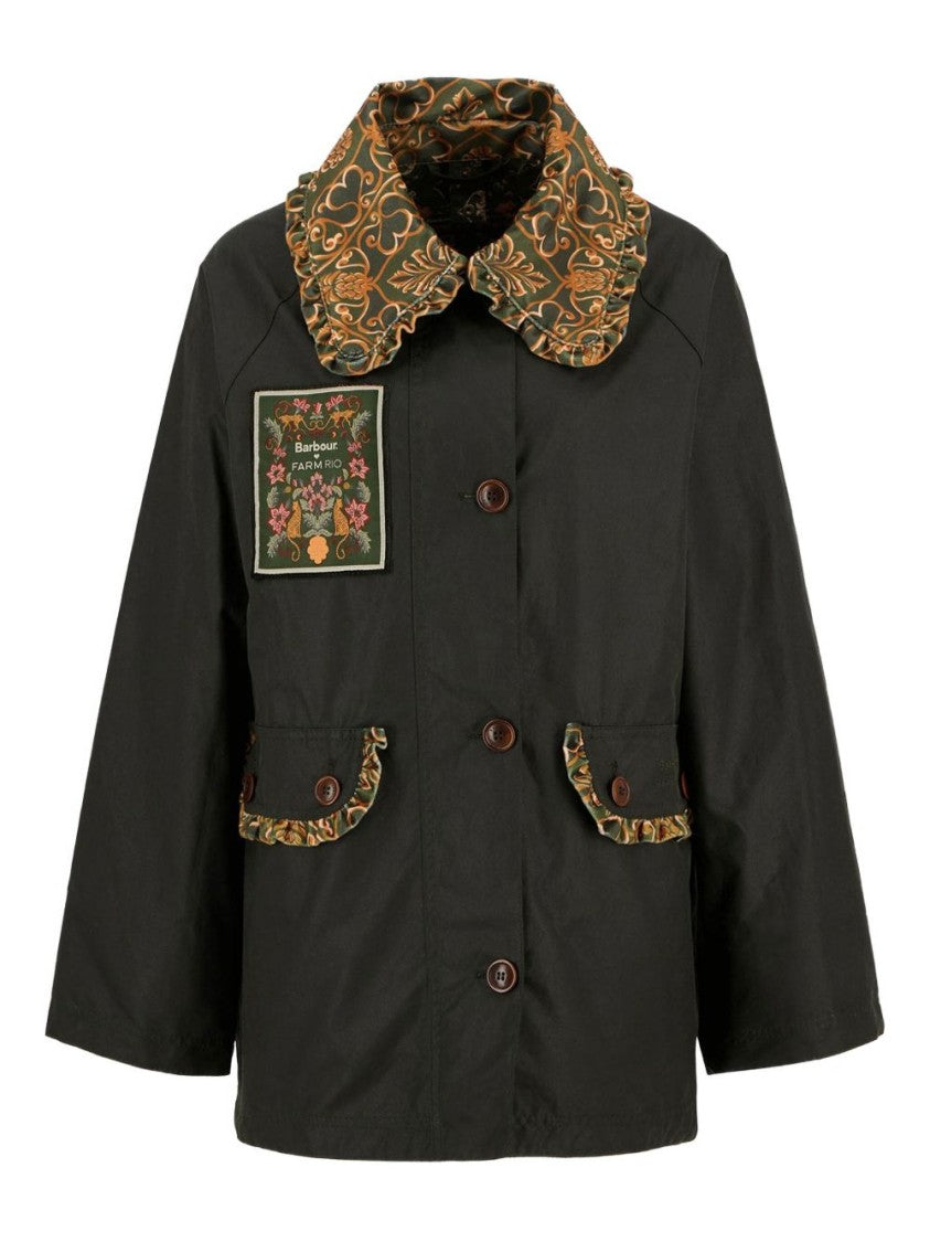 Barbour Dark Green Cotton Jacket With Patterned Collar
