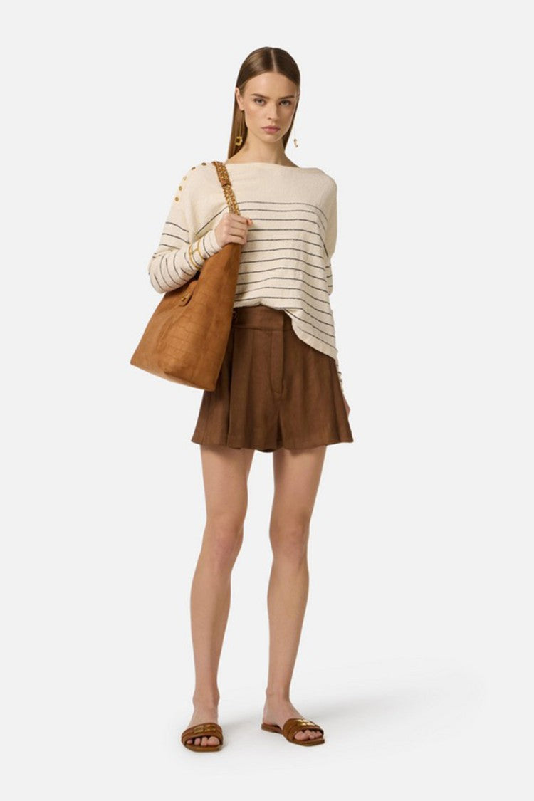 Elisabetta Franchi Brown Button-Tab Waistband Linen-Blend Shorts