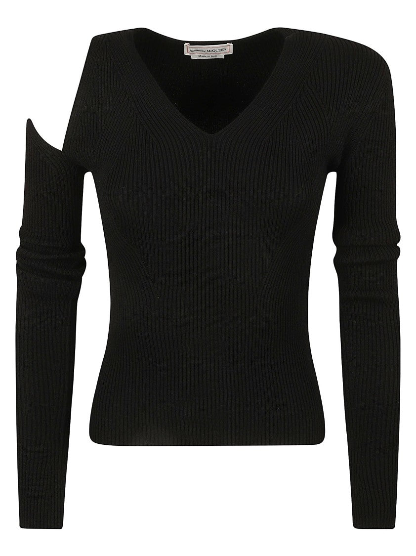Alexander Mcqueen Ribbed Black Sweater With Asymmetrical Shoulder