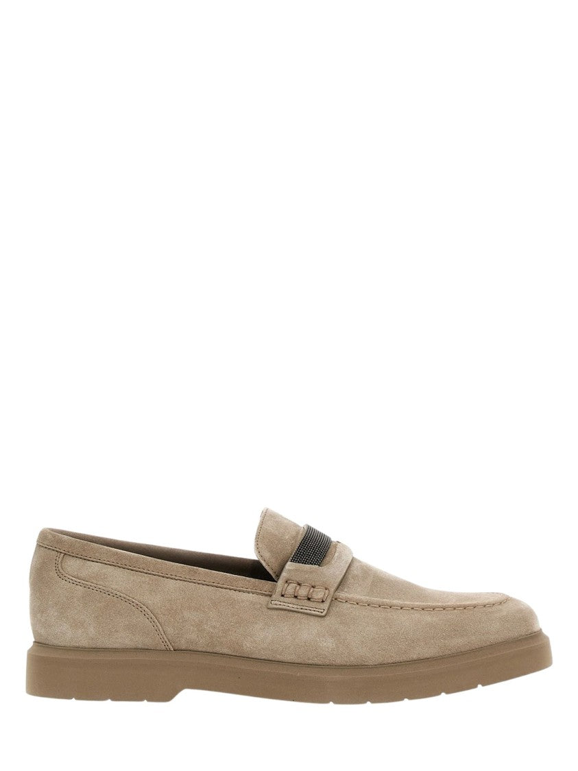 Brunello Cucinelli Beige Crystal Decoration Suede Loafers