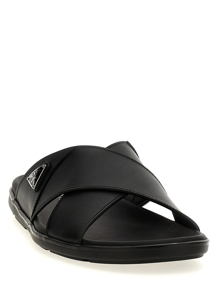 Prada Black Leather Sandals With Triangle Enameled Logo