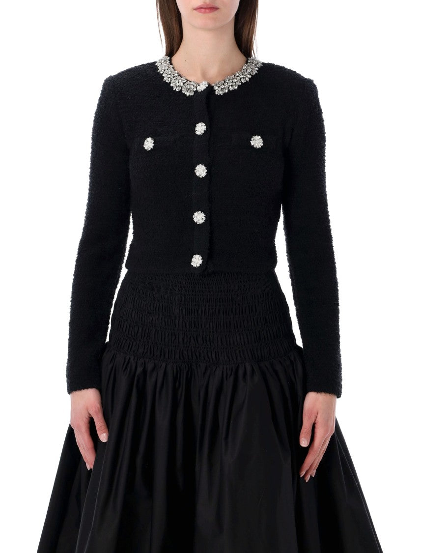Self-Portrait Crystal Embellished Cropped Stretch Knit Cardigan