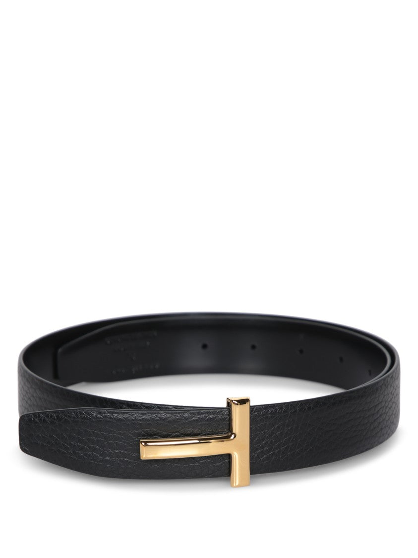 Tom Ford Textured Calf Leather Belt With Polished Gold Buckle