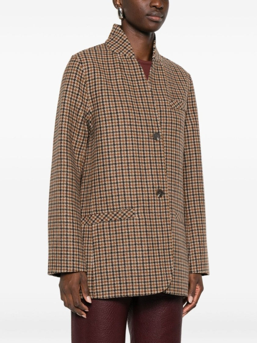 Yerse Houndstooth Pattern Brown Wool-Blend Coat