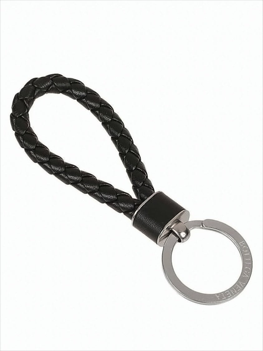 Bottega Veneta Braided Lambskin Black Keyring With Polished Metal Ring