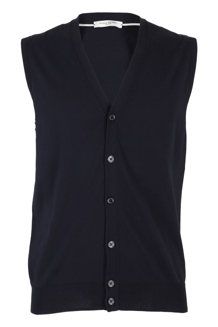 Paolo Pecora Sleeveless Navy Blue Cotton Gilet