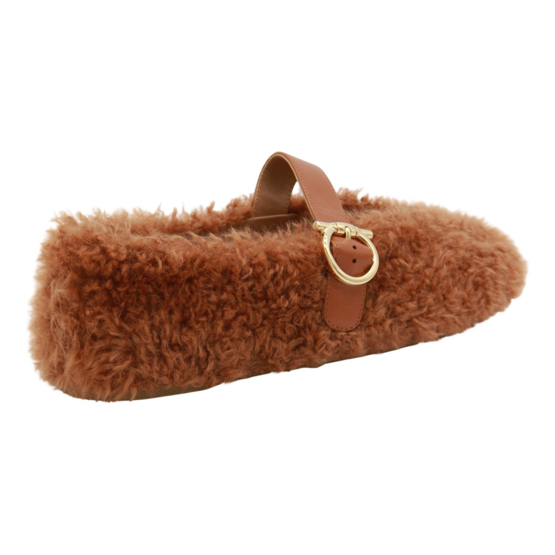 Ferragamo Curly-Textured Brown Flats With Gold Buckle Detail