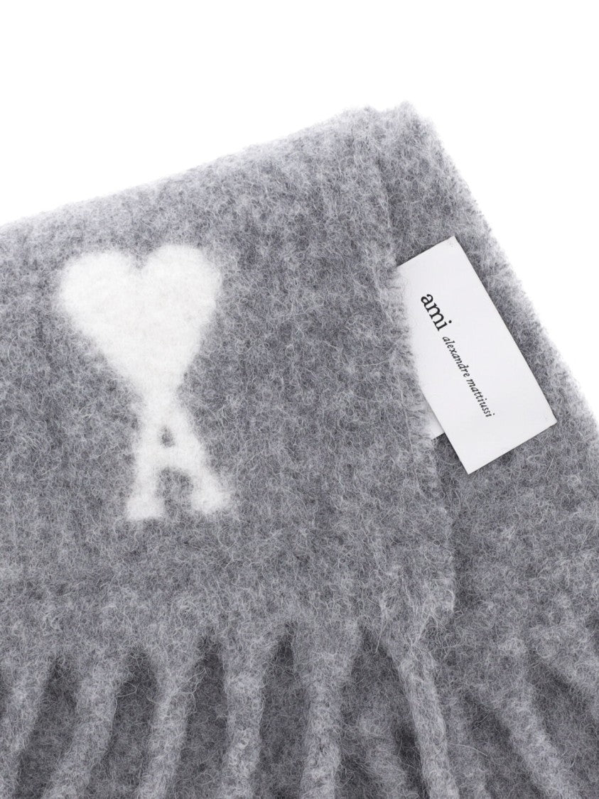 Ami Paris Rectangular Grey Wool Blend Scarf With Fringed Edges And Intarsia Logo