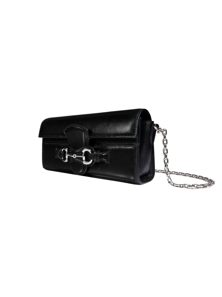 Gucci Rectangular Black Leather Shoulder Bag With Horsebit Detail