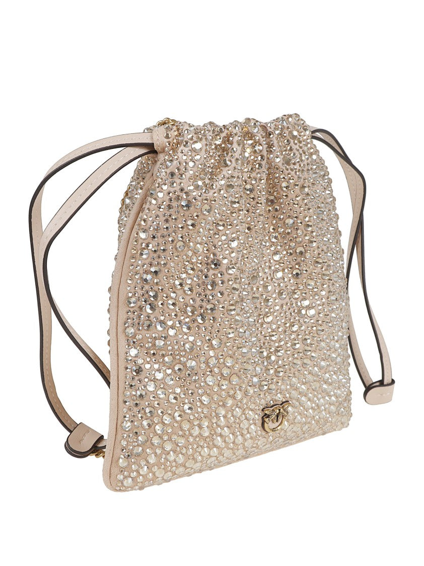 Pinko Textured Rhinestone-Embellished Drawstring Bag