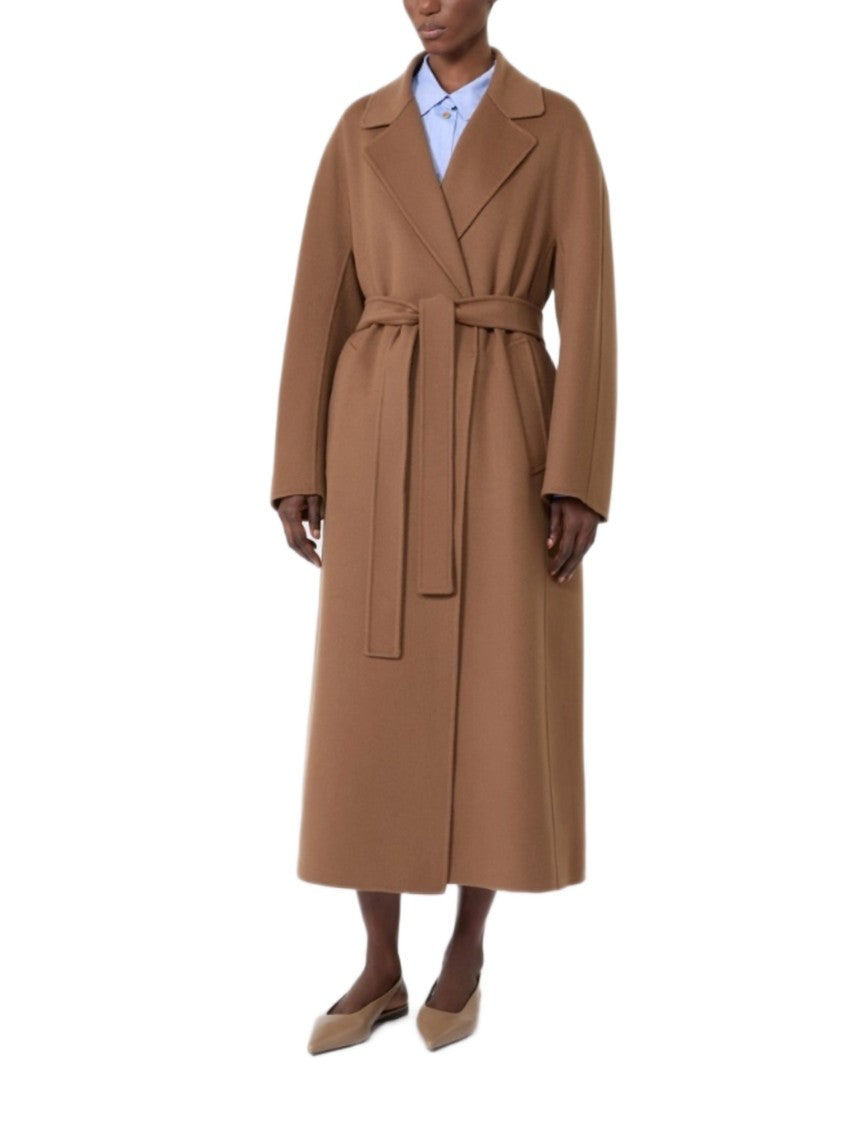 Max Mara Camel Wrap Coat With Classic Lapel And Minimalist Design