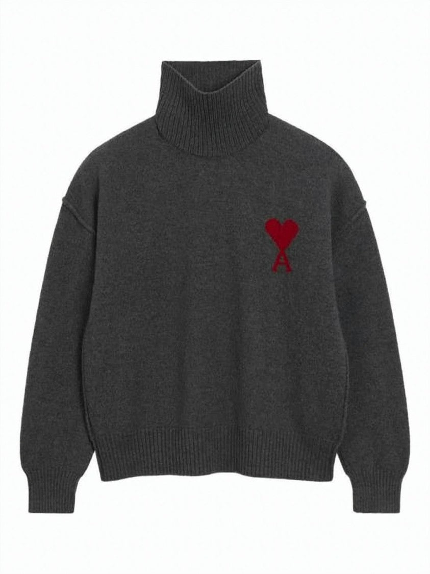Ami Paris Grey Turtleneck Sweater With Ribbed Detailing And Iconic Emblem