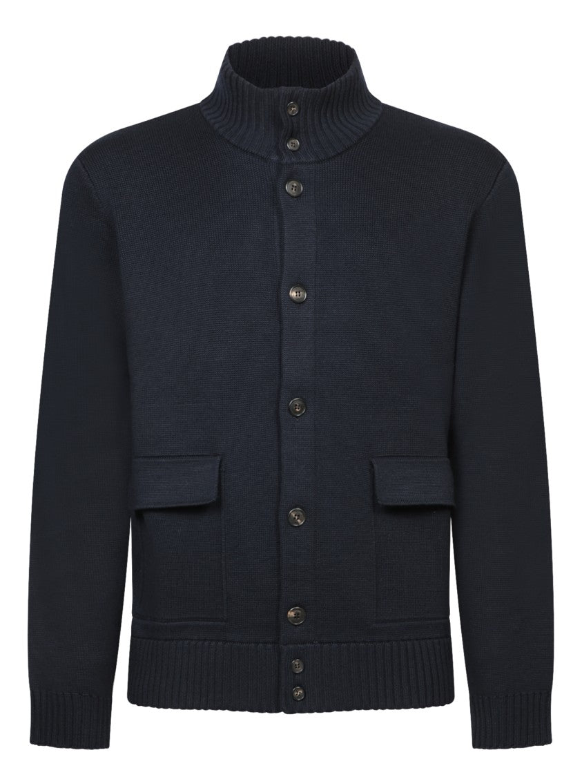 Zanone Navy Blue Cardigan With High Neck And Pockets