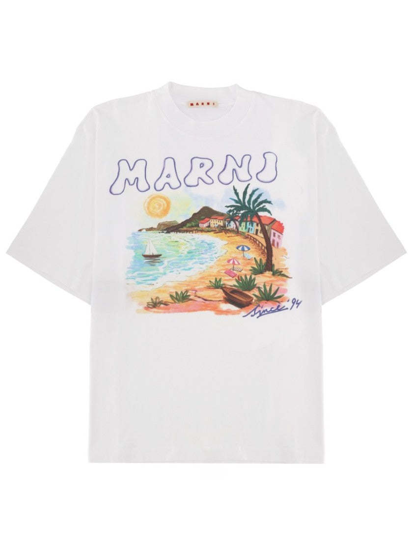 Marni White Beach Scene Printed Cotton T-Shirt
