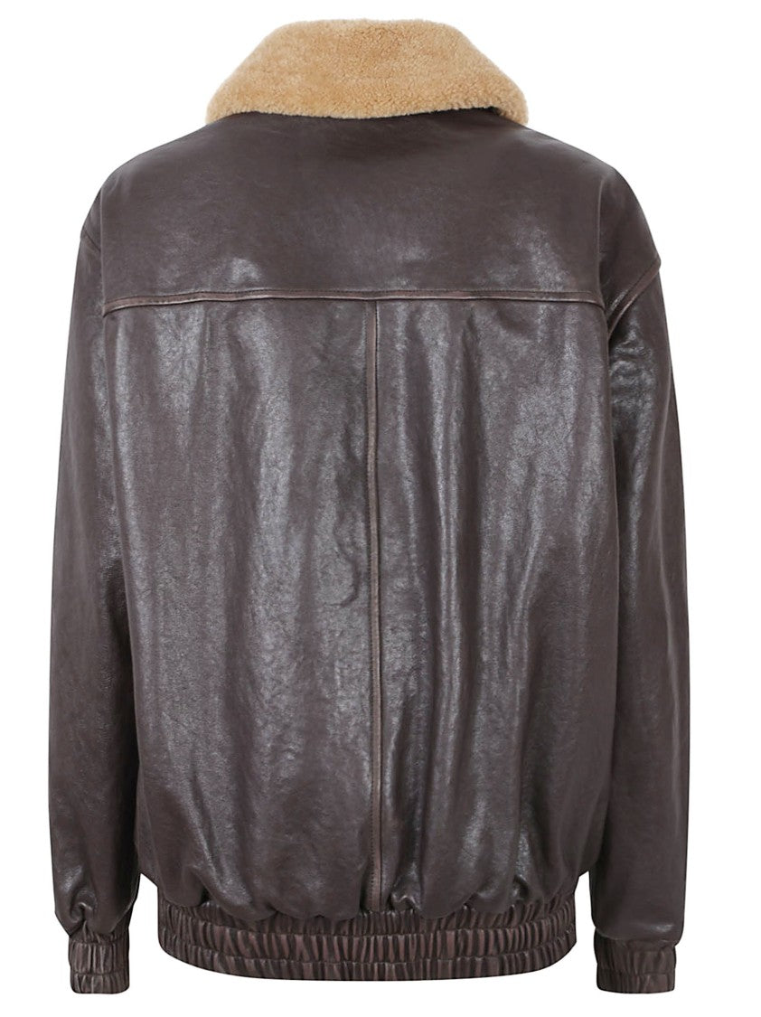 Valentino Garavani Rich Dark Brown Leather Coat With Shearling Collar