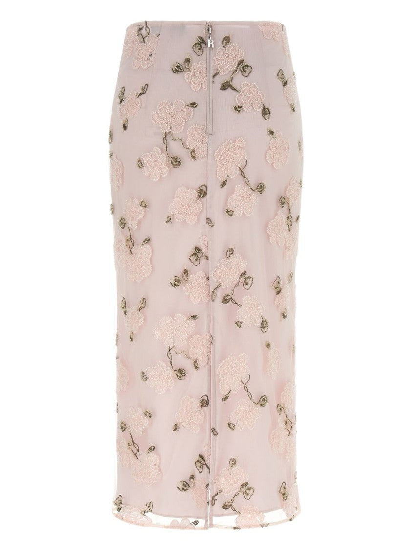 Rotate Floral-Embroidered Midi Skirt With Sheer Finish