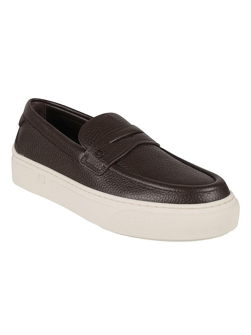 Ferragamo Textured Leather Penny Loafers With Contrasting Rubber Sole